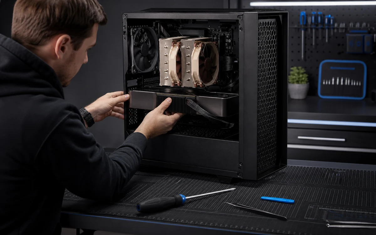 Technician installing a graphics card and cooler in a desktop PC at an ESD-safe workbench