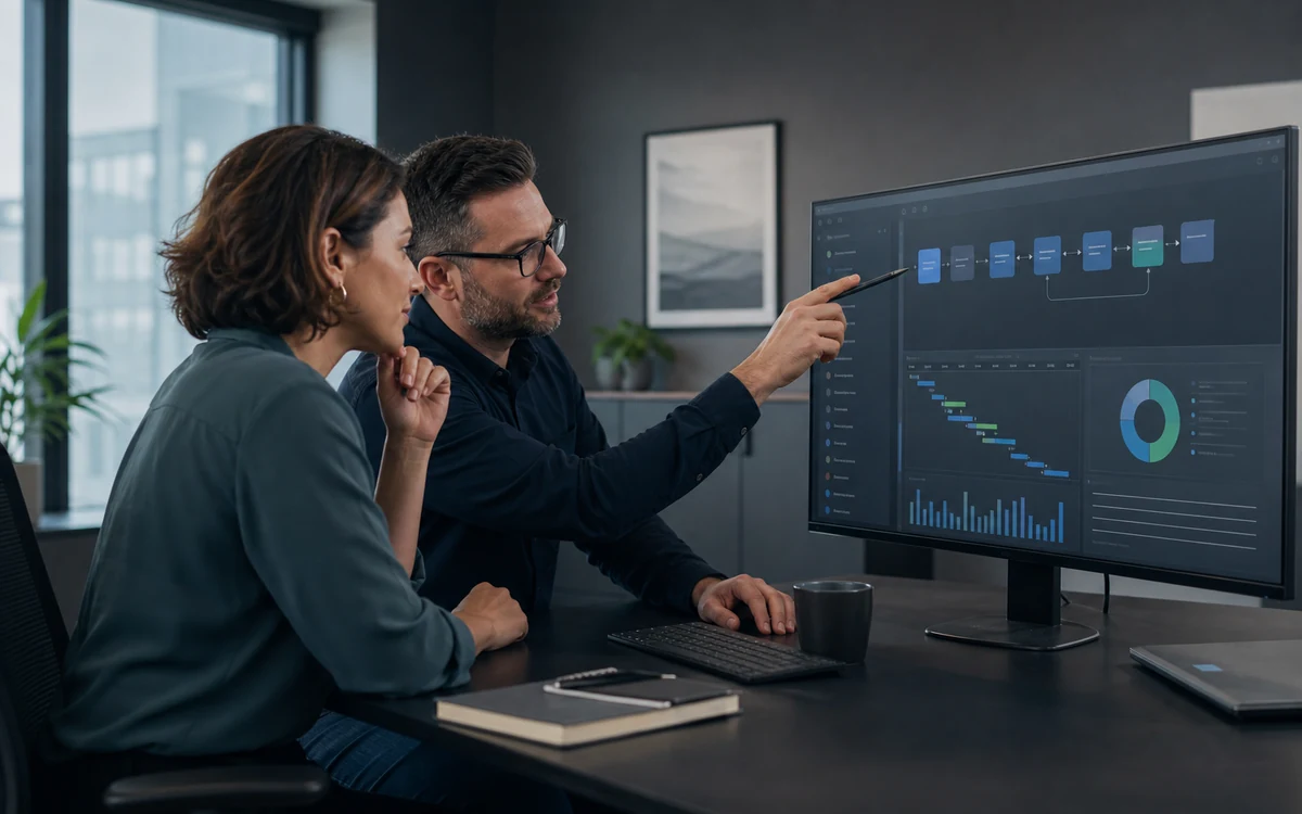 Software professionals reviewing an application dashboard and business workflow