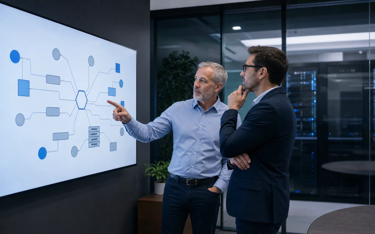 Technology consultant and client reviewing infrastructure plans in a modern office