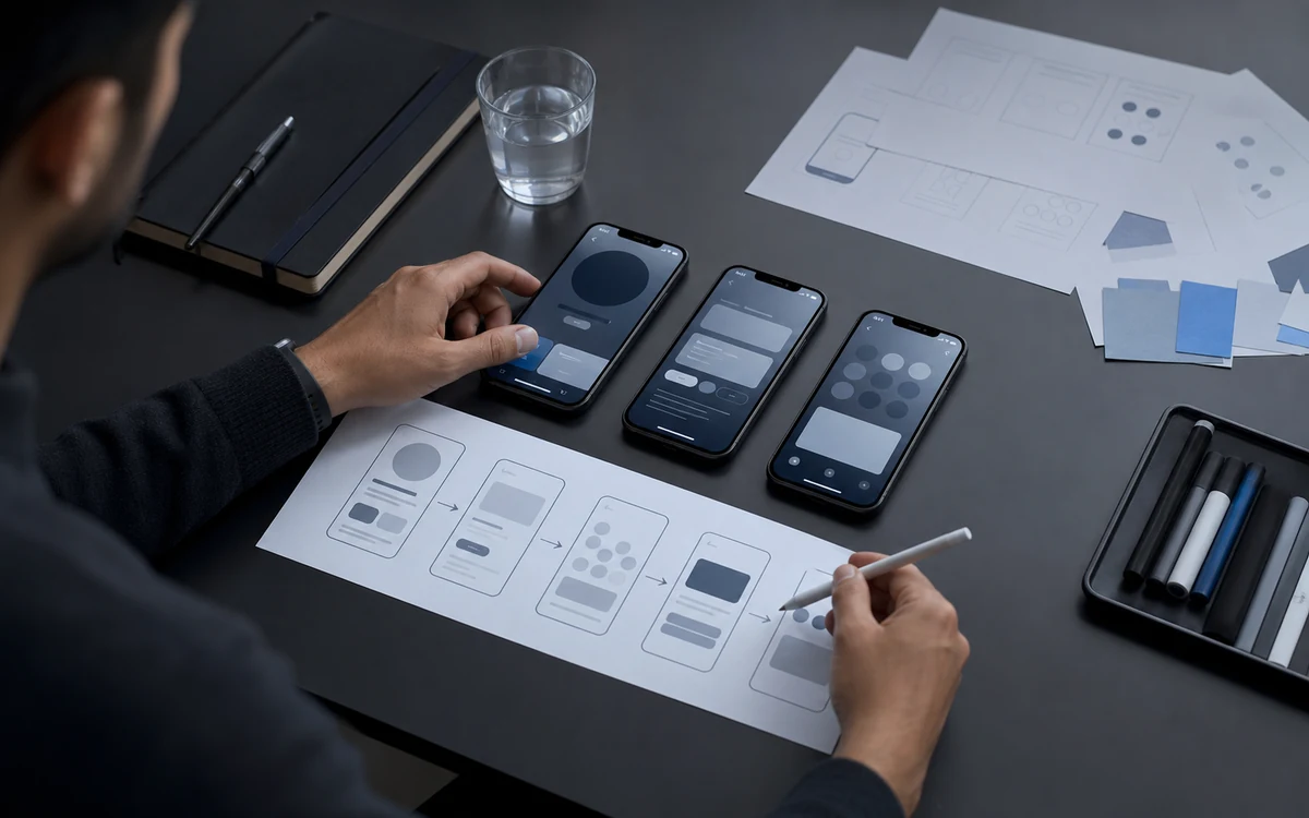 Phone prototypes and mobile interaction flows arranged on a product design desk