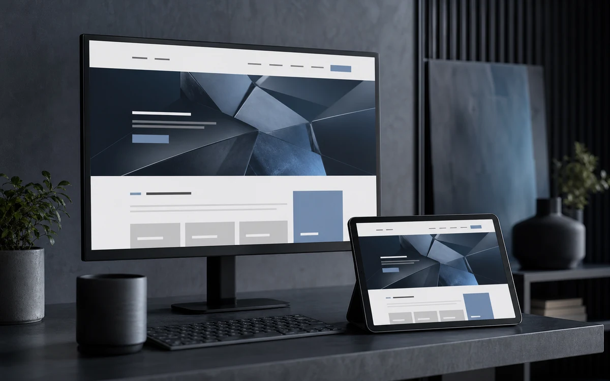 Responsive business website design shown on desktop and tablet screens in a professional studio